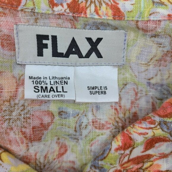 Flax Floral Linen Blouse Womens Small Yellow Rust Boxy Button Front - Picture 5 of 6